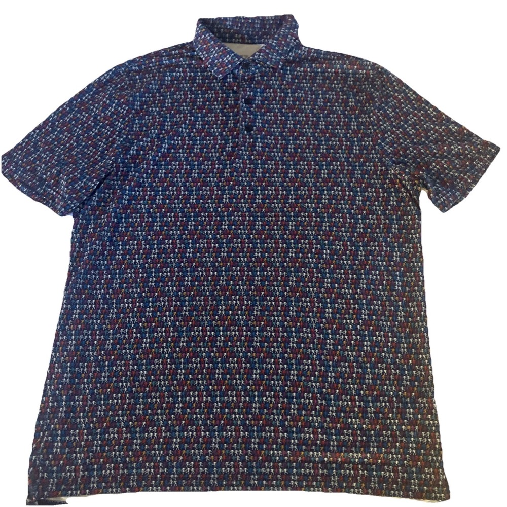 1764 Golf Polo Men's Large‎ Blue Dancing Skeleton Print Performance Stretch